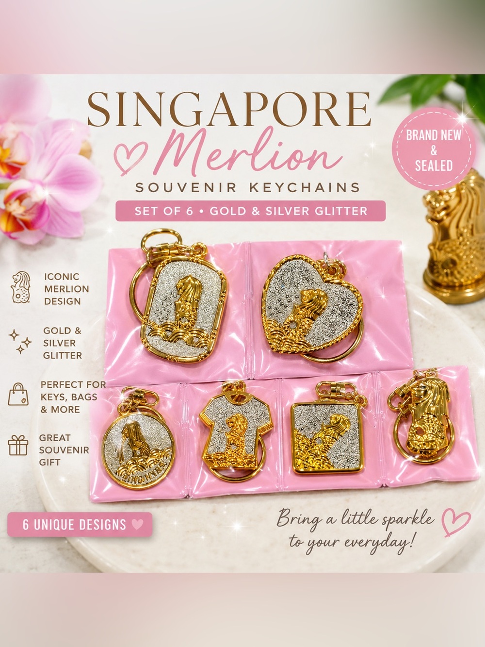 Set of 6 Singapore Merlion Keychains Gold & Silver Glitter Souvenir Bag Charms